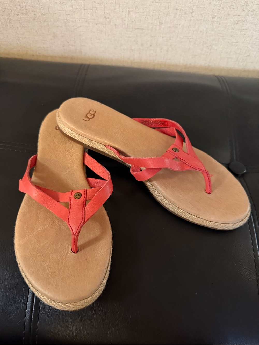 UGG Women's Coral Red Leather Thong Sandals